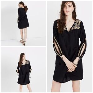 EUC Madewell Floral Embroidered Black Long Sleeves With Slit Mini Tassel Dress S
